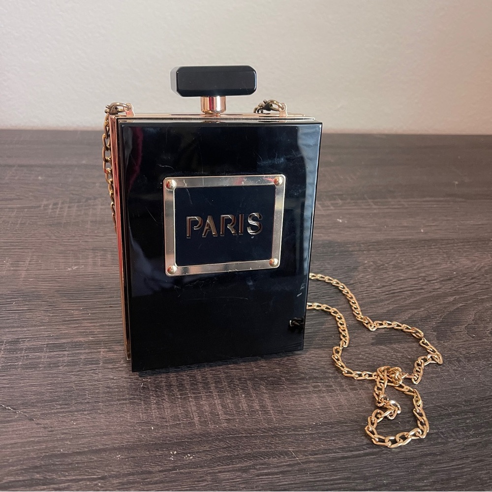 Black Paris Box Clutch with Gold Chain